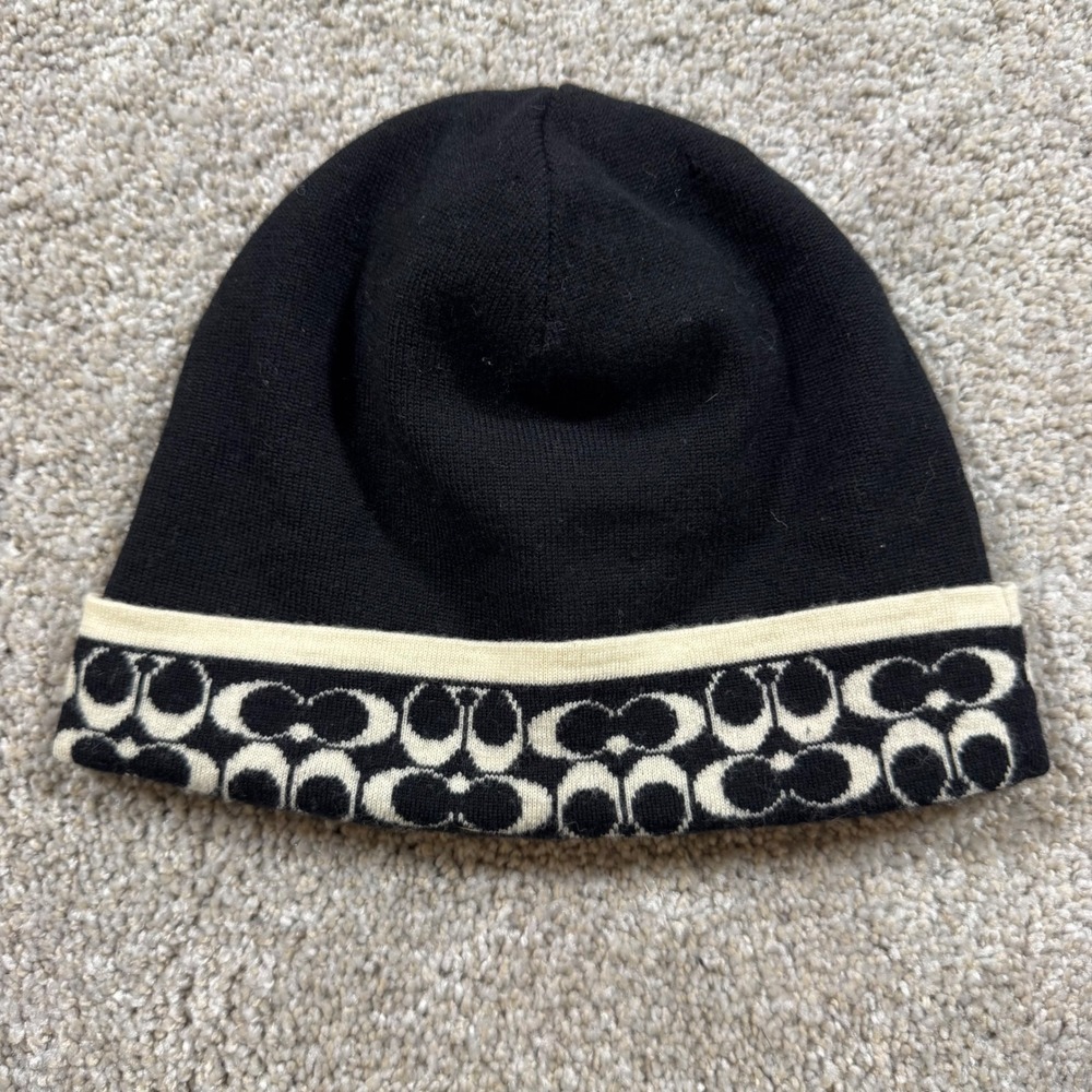 Coach Beanie Hat Black Cream Signature C Monogram 100% Merino Wool One Size